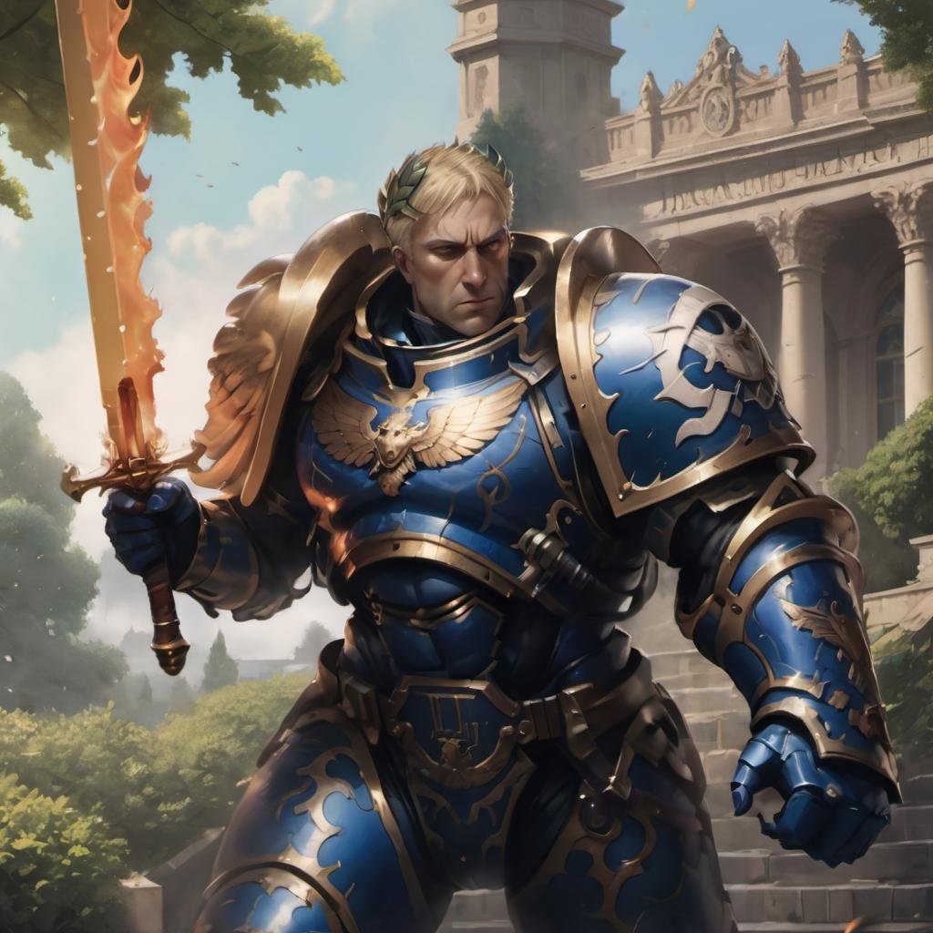 8k uhd, high quality, illustration of a man wearing blue knight armor, outside a palace in a green garden, well light, cinematic, roboute, roboute face, detailed face, wearing laurel, holding a flaming sword <lora:roboute guilliman-knight armor:0.7>