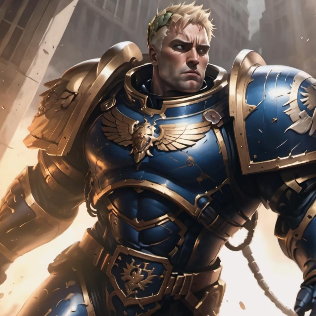 8k uhd, high quality, an illusatration of a man wearin knight armor falling from a building, comic book style, cinematic, roboute, roboute face, wearing laurel <lora:roboute guilliman-knight armor:0.7>