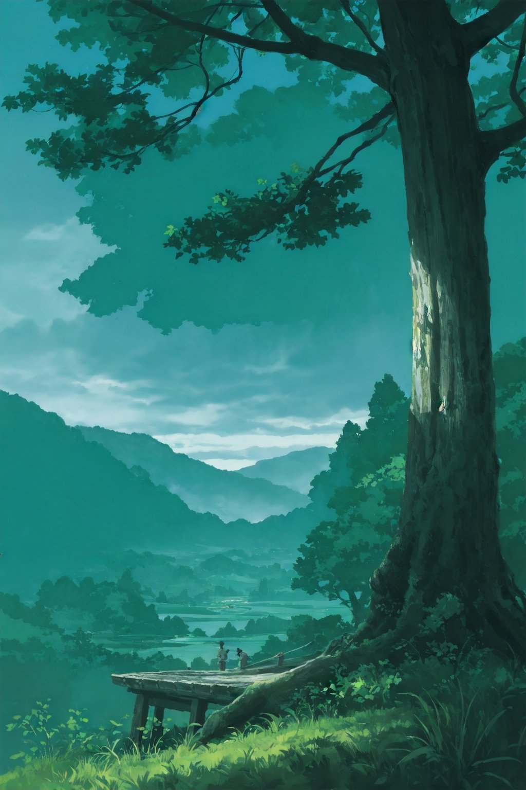 A huge ancient tree（（Glowing spirit tree、with light glowing））、illumination、thatched hut、springtime、jungles、lakes、grassy fields、Rochas、hot onsen、hydrosphere、surrounded by cloud,no