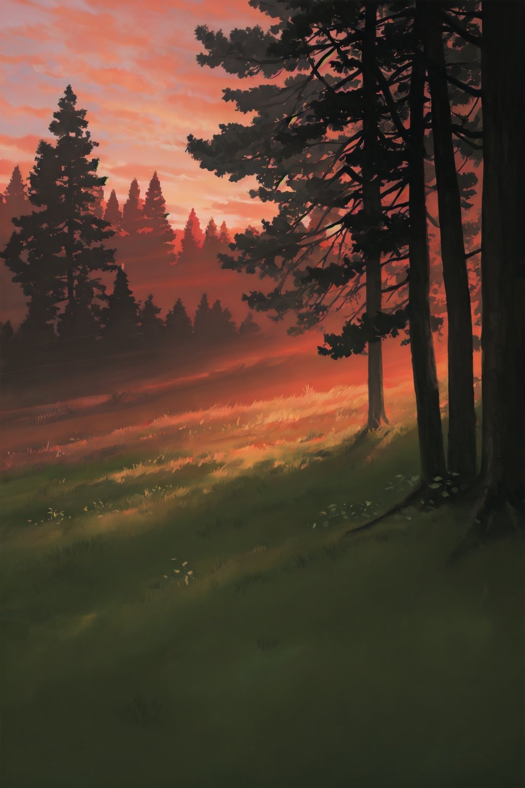 red sky,art,light,tree,forest