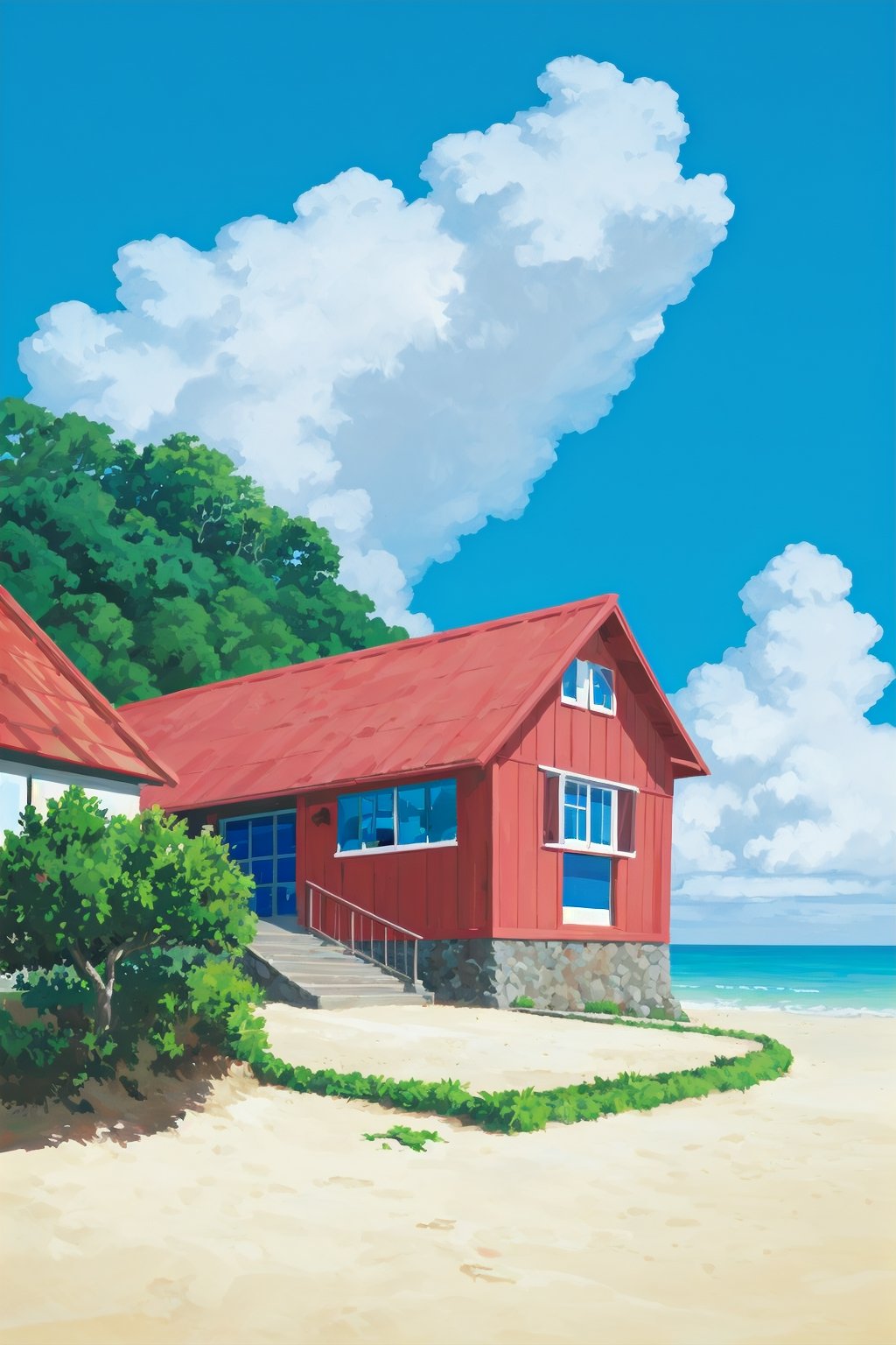 blue sky,ocean,red house,epic,solo,beach,animation_art