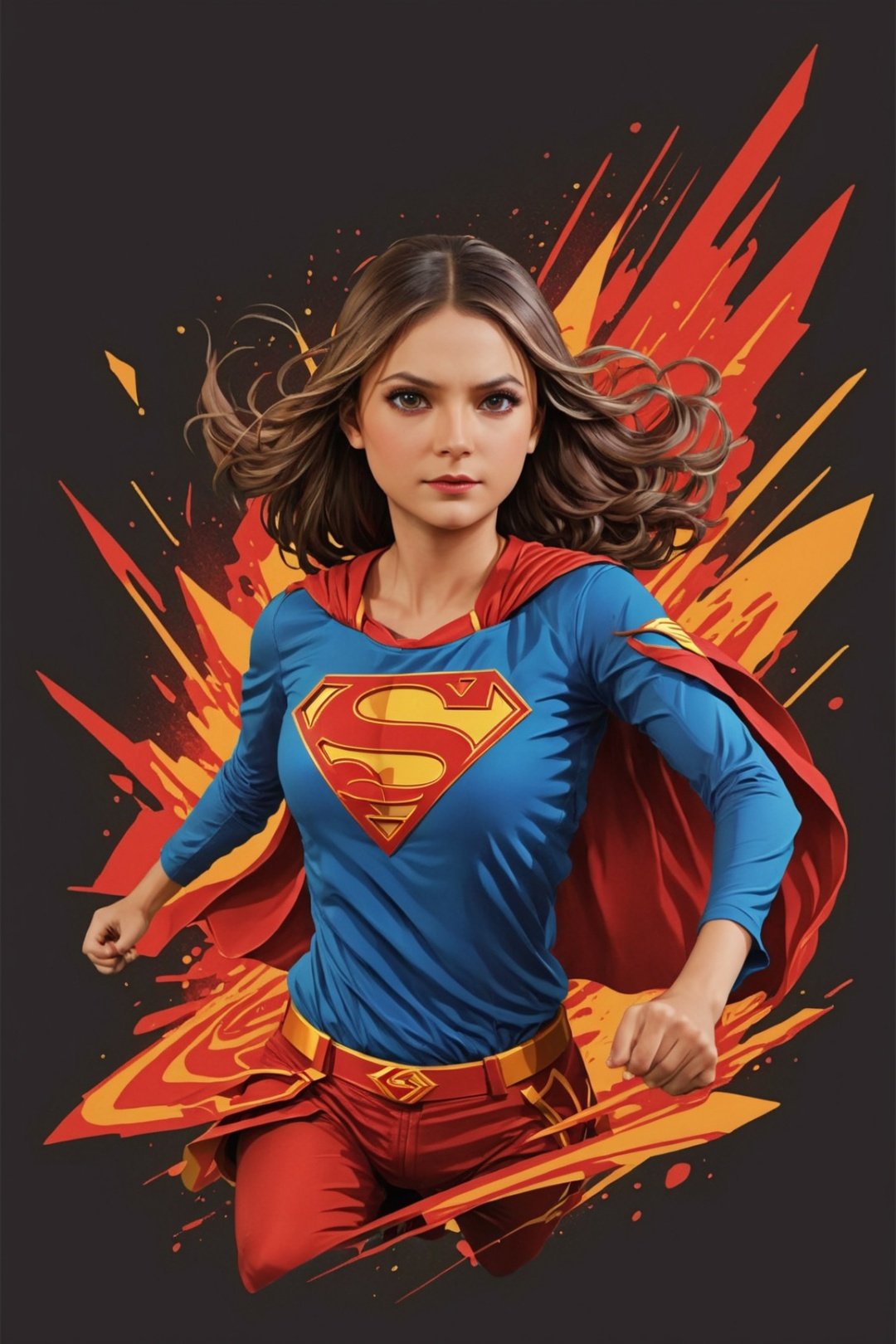 nindi poster as supergirl  at the flash movie, symetrical, vector illustration, Leonardo Style,tshirt design,oni style, color splash, inkstrike (splatoon), ribbons, vibrant, full figure, ((upper body)),nindi
