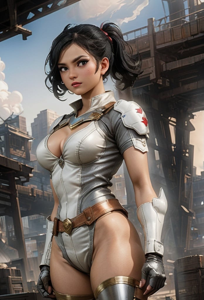 Super Sexy Superheroines, ultra-detailed, 
((High resolution)),((high detailed)), cowboy shot, photo realistic, masterpiece, official art, cyberspace background, raw photo, best quality, 8k resolution, 
sole_female, character focus, 22 years old, black hair, short hair, two buns, Resemble , power girl, white power girl armor suit, beautiful eyes, (delicate face), perfect detail, perfect feet, sexy legs, open legs, medium breast, nice boobs, lots of exposed skin, full body, prepare to fight, cleavage cutout, torn clothing, torn armor, ripped armor, damaged armor, dirty armor, wounded face, dirty face,
cinematic lighting, dark studio, ((hyper detailed face)),((hyper detailed eyes)),(((exposed thighs))),power girl musume,nindi