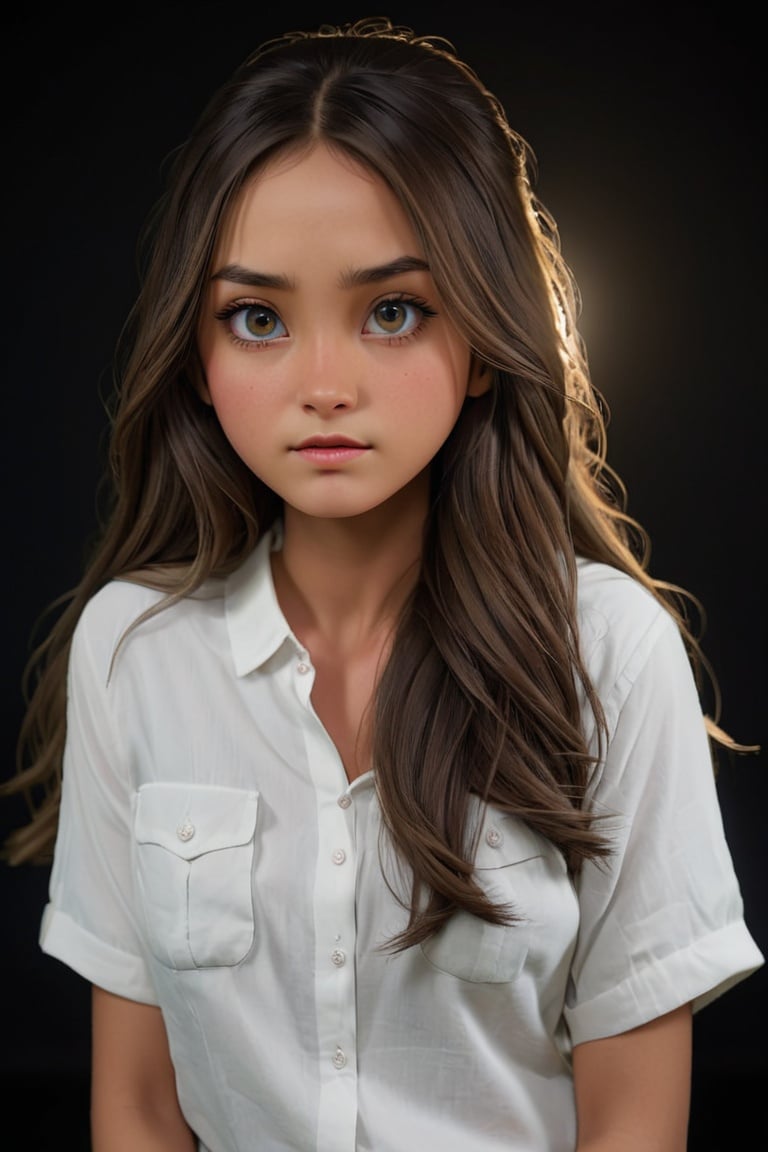 photorealistic, masterpiece, upper body, best quality, raw photo, 1girl, long hair, detailed eyes and face, sagging breast, white shirt, dynamic lighting, in the dark, deep shadow, low key,gh3a,nindi
