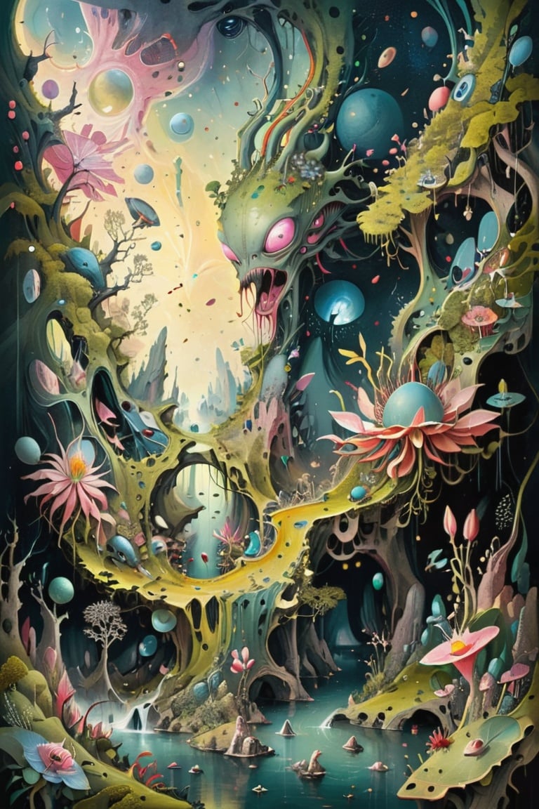 Illustrate an alien planet teeming with exotic flora and fauna, in the spirit of Hieronymus Bosch's fantastical landscape, detailed weird and wonderful,
