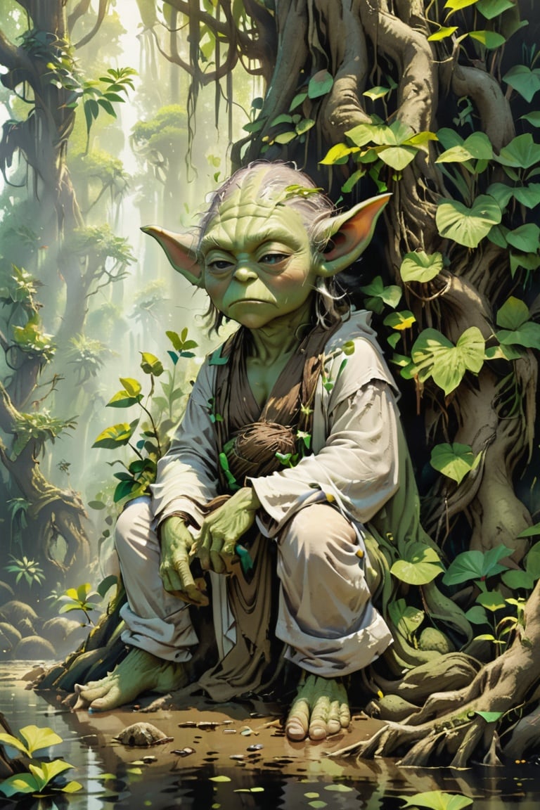 detailed illustration of Yoda contemplating life, swamp setting, thick roots, vines, mangroves | perfect and detailed face and feet and hands