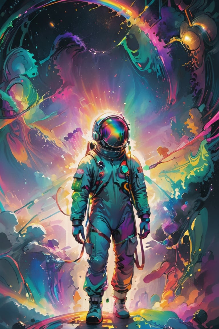 a brightly colored illustration of a man in a space suit with a backpack, beeple colors, under a technicolor sky, vertigo comics, planet with rings, astronaut standing looking, highly detaild, muted rainbow tubing, circular rainbow, jock, very detailed illustration, astronaut below, a beautiful artwork illustration