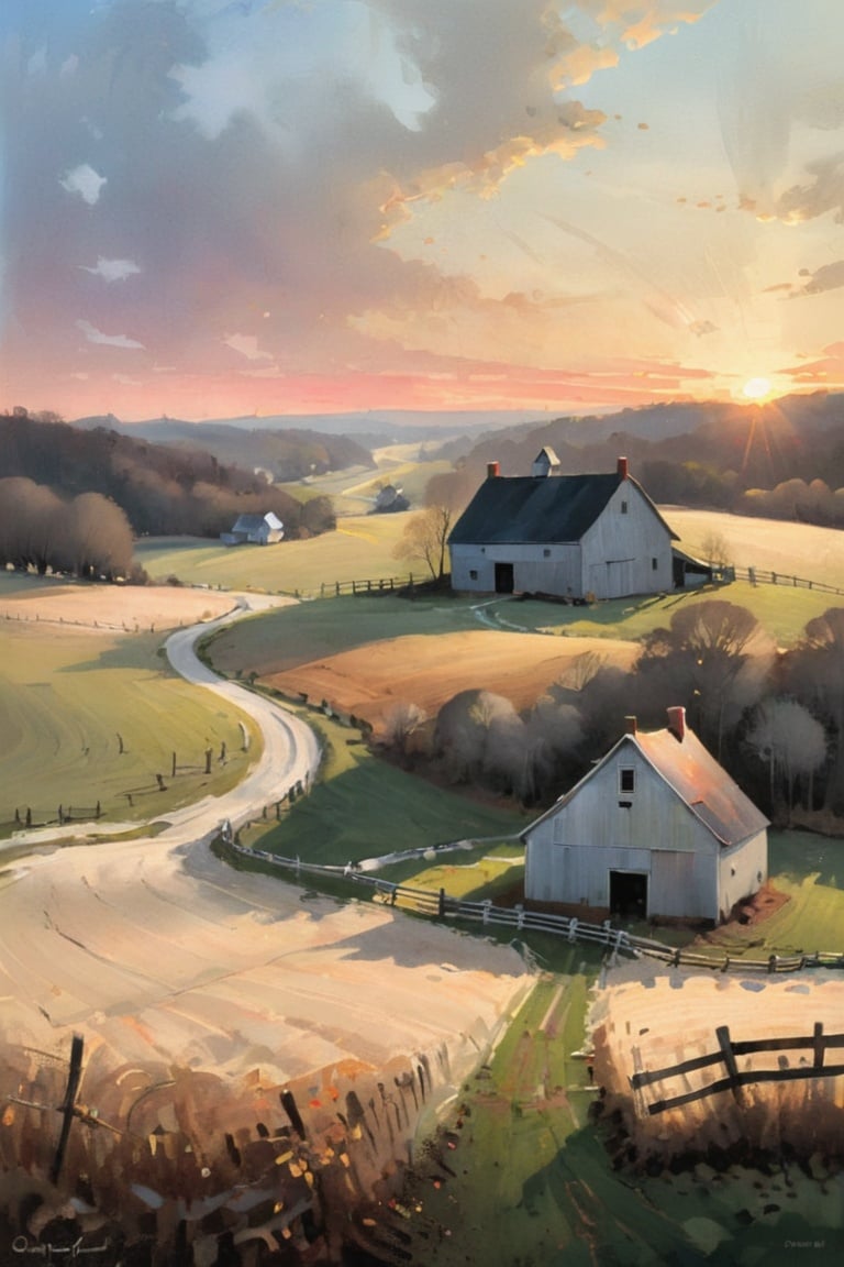 Paint a serene countryside farm at dawn, inspired by Andrew Wyeth's realistic style.