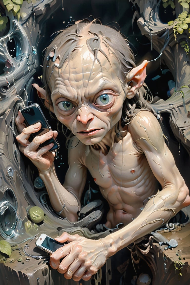 hyper realist painting of Gollum answering a cell phone, glum face, "I don't want to talk to you", | perfect and detailed face and feet and hands
