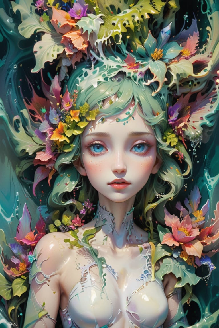 a close up of a woman with ivy and flowers on her head, zbrush central contest winner, pop surrealism, beautiful colorful flowers, porcelain european mannequins, arca album cover, with seaweed, known as voryn dagoth in life, detailed painting“, extremely beautiful and ethereal,