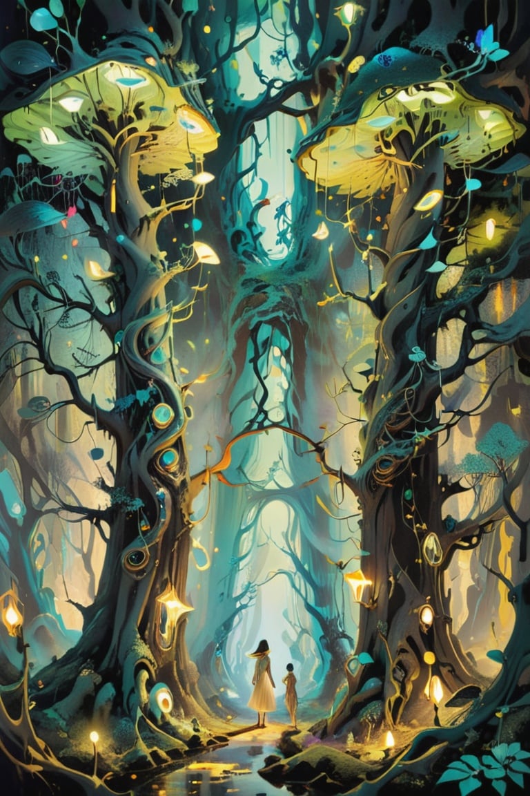 Transform a forest into a magical, luminescent wonderland, inspired by Salvador Dalí's surrealism | detailed and imaginative,