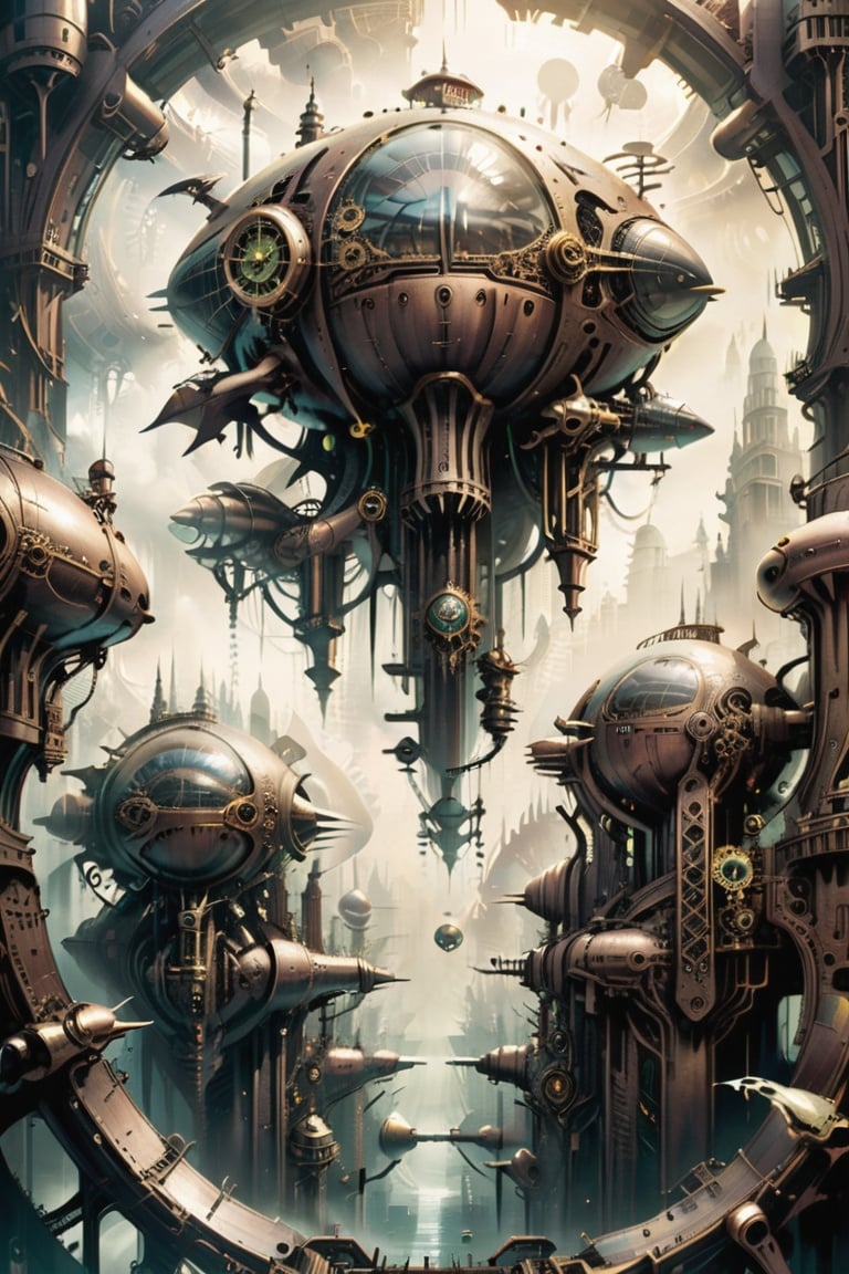 Imagine a steampunk metropolis with intricate clockwork mechanisms and airships, reminiscent of H.R. Giger's style.