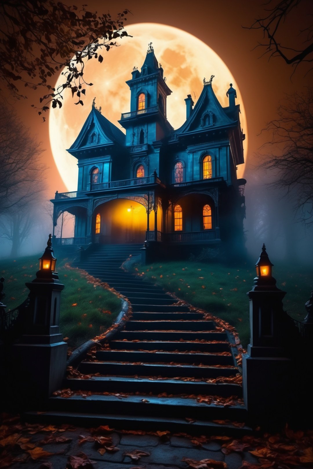 (best quality,4k,8k,highres,masterpiece:1.2),ultra-detailed,(realistic,photorealistic,photo-realistic:1.37),ghosts,haunted mansion,dark atmosphere,spooky,ethereal,nighttime,creepy forest,bats,foggy graveyard,hauntingly beautiful,full moon,candlelight,shadowy figures,misty,haunted spirits,eerie,ominous,macabre,spiraling staircase,haunting melody,gothic architecture,vivid colors,dramatic lighting,phantasmagorical transformation, GhostlyStyle