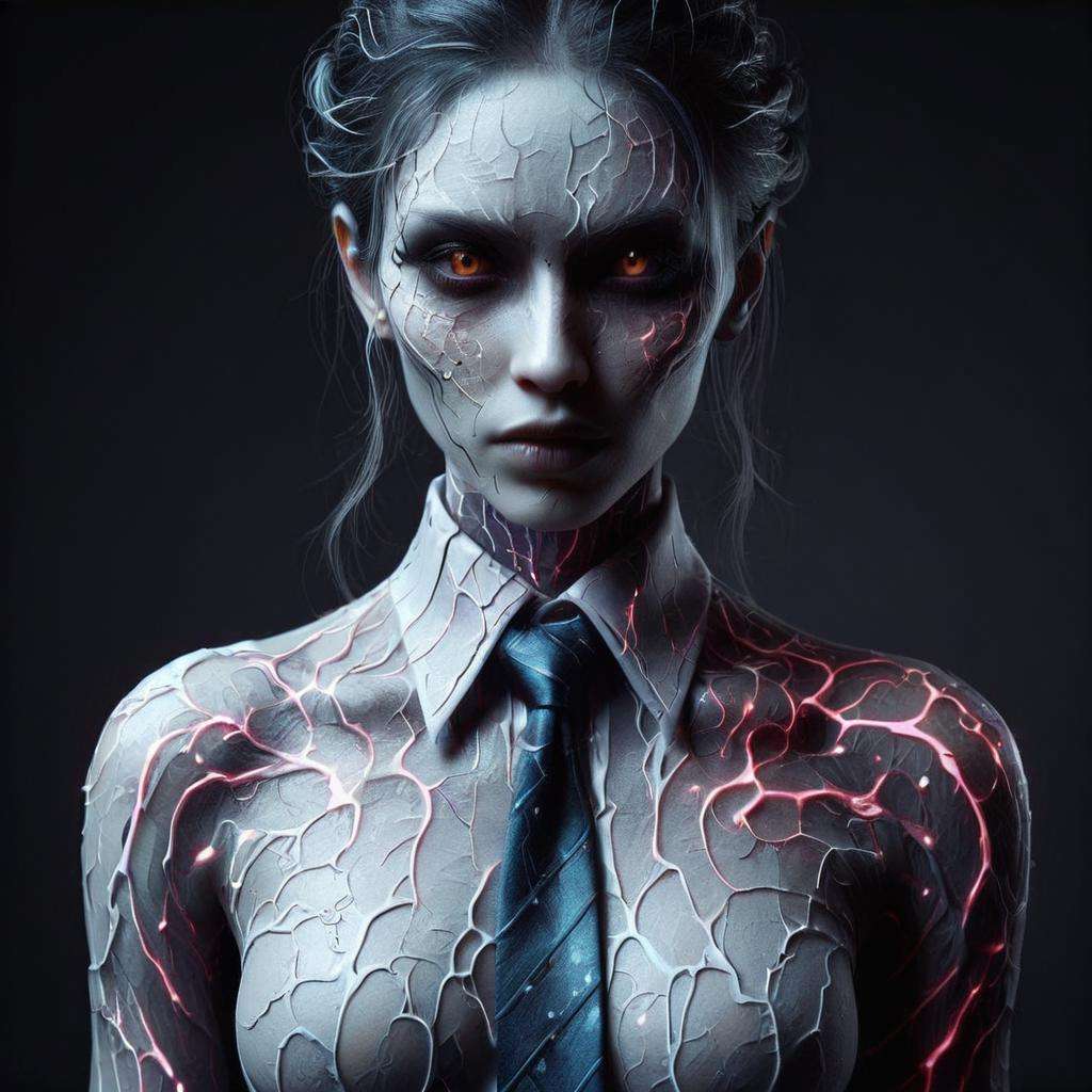 detailed DonMD3m0nXL woman, shirt with tie, cyberpunk, sci-fi, <lora:DonMD3m0nXL-000010:0.8>