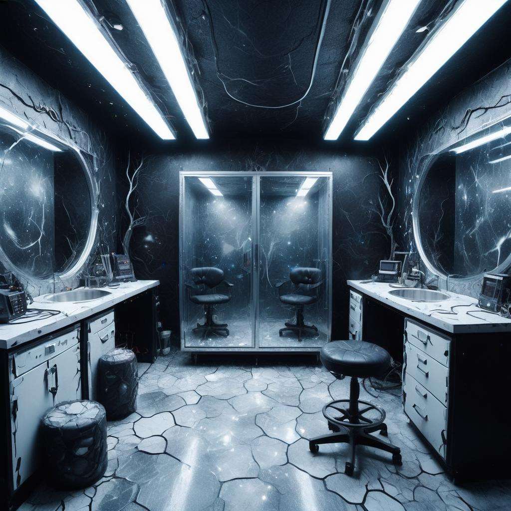 detailed DonMD3m0nXL Cyberware Modification Lab, Dryer,Magic Mirror,Fairy Dust,Unicorn Horn, Rubber Flooring,Breccia stone, Track Lighting, Wall Washing, cyberpunk, sci-fi, <lora:DonMD3m0nXL-000010:1>