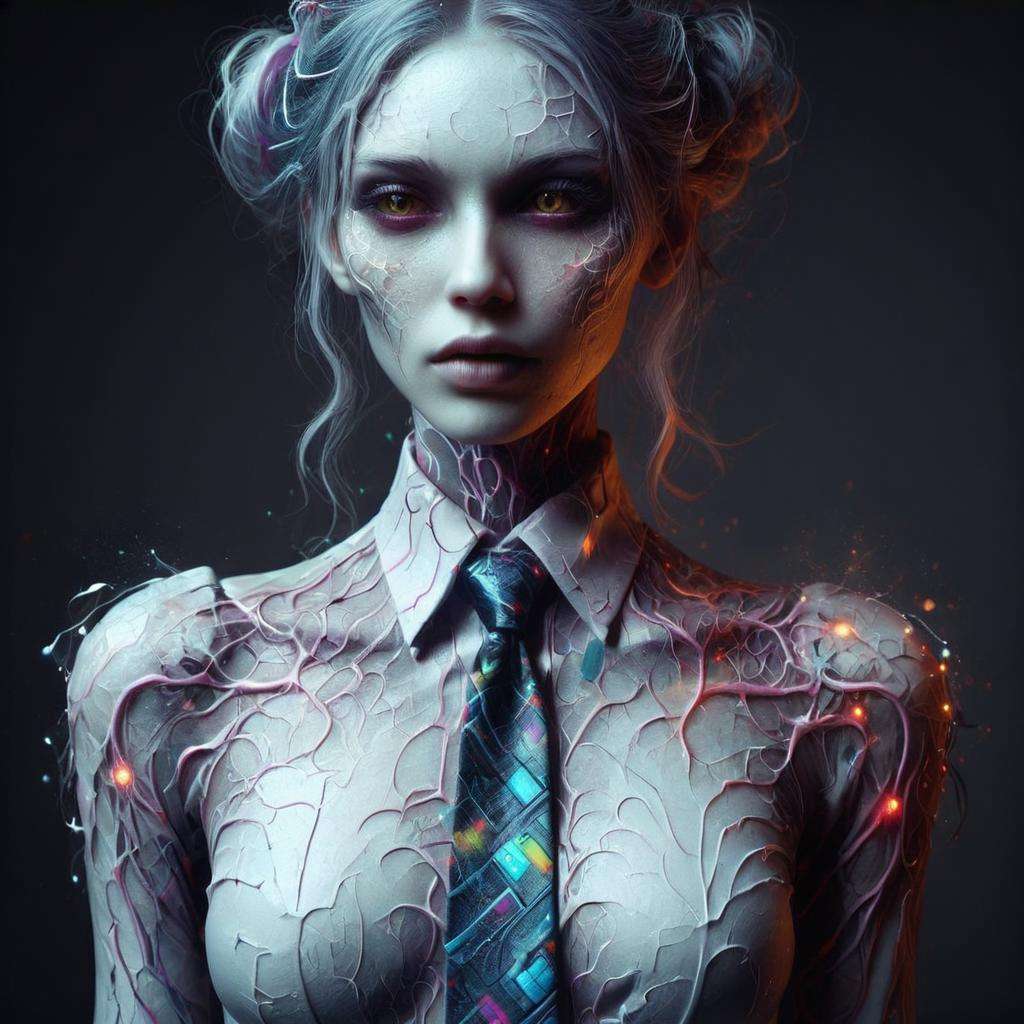 detailed DonMD3m0nXL woman, shirt with tie, cyberpunk, sci-fi,colorful, whimsical, fairytale <lora:DonMD3m0nXL-000010:0.8>