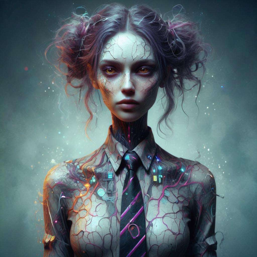 detailed DonMD3m0nXL woman, shirt with tie, cyberpunk, sci-fi,colorful, whimsical, fairytale <lora:DonMD3m0nXL-000010:0.8>