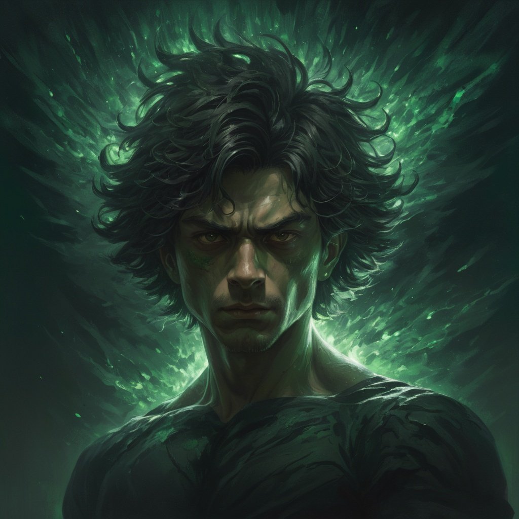 masterpiece,  best quality,  ultra high res,  beautiful,  visually stunning,  elegant,  incredible details,  award-winning painting,  (dark art:1.1),  deep shadow,  (dark green theme:1.2),  ,  glowing,  aura,  energy,  beam,  flying debris,  [serious|angry],  floating hair,  1boy,  muscula