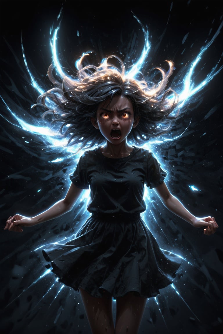 anime, masterpiece, best quality, ultra high res, beautiful, visually stunning, elegant, incredible details, award-winning painting, (dark art:1.1), deep shadow, (dark theme:1.2), ,  glowing, aura, energy, beam, flying debris, angry, floating hair, 1girl