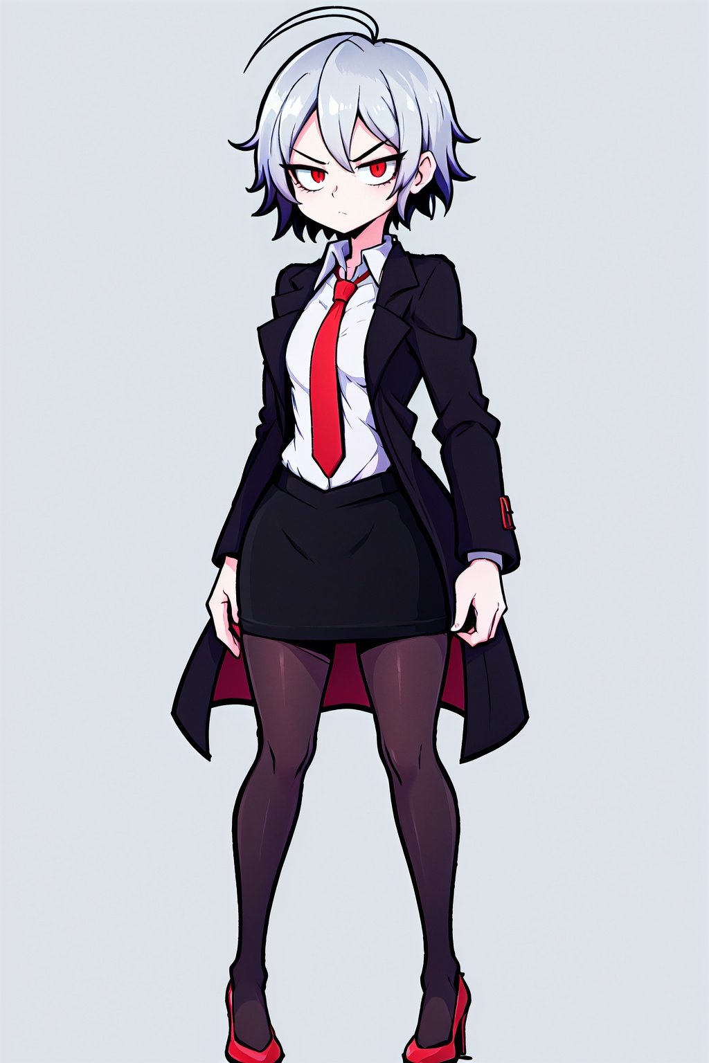 Best quality, 1girl, cup cut, silver hair, hair clips, red eyes, neutral expression, looking at viewer, black coat, red formal tie, black pencil skirt, black tights, red heels, standing, simple background, perfect lighting, full body, mid shot