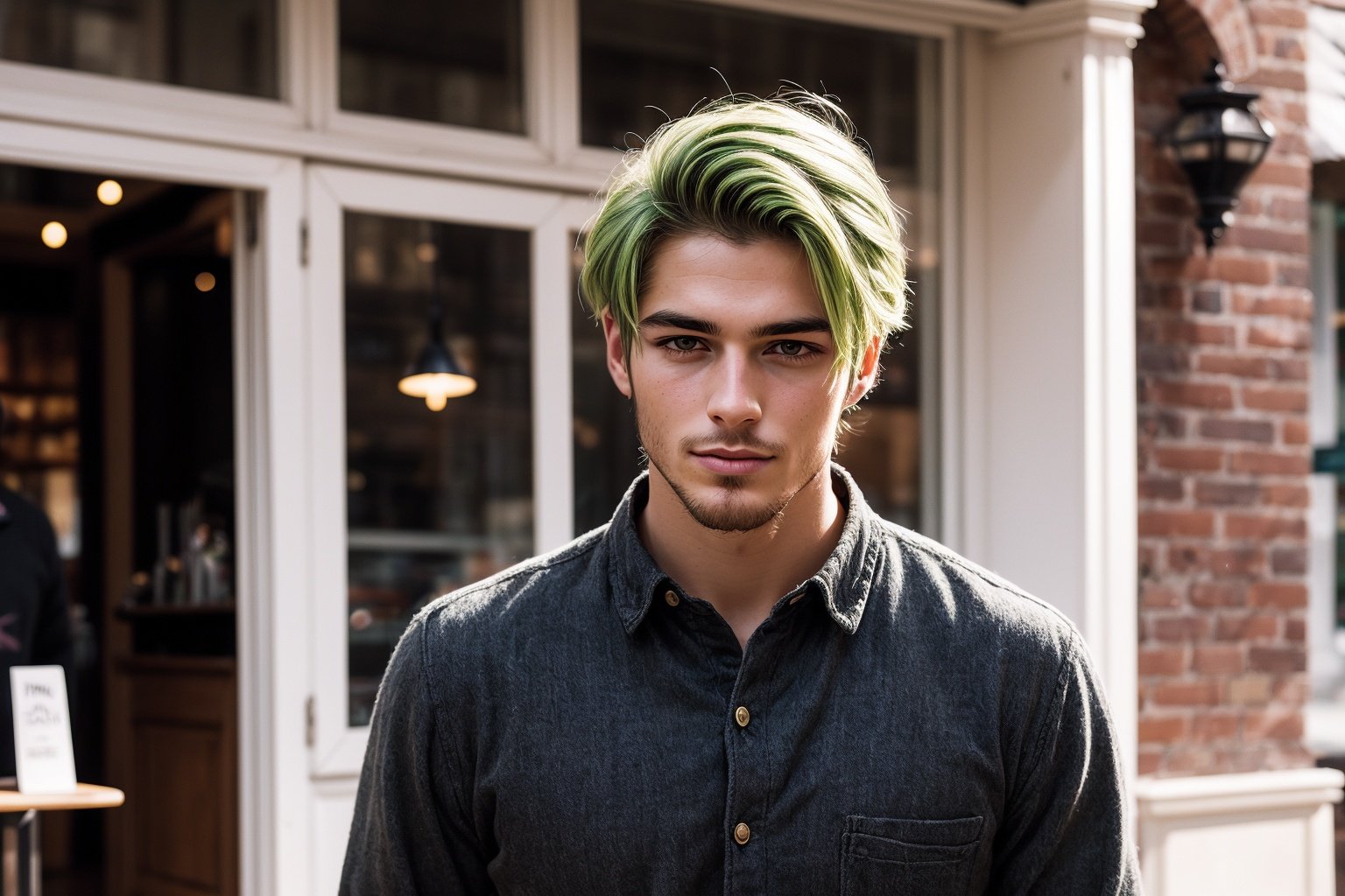 Realistic ,Portrait , handsome male yellow green hair,  Elegant coffee shop barista 