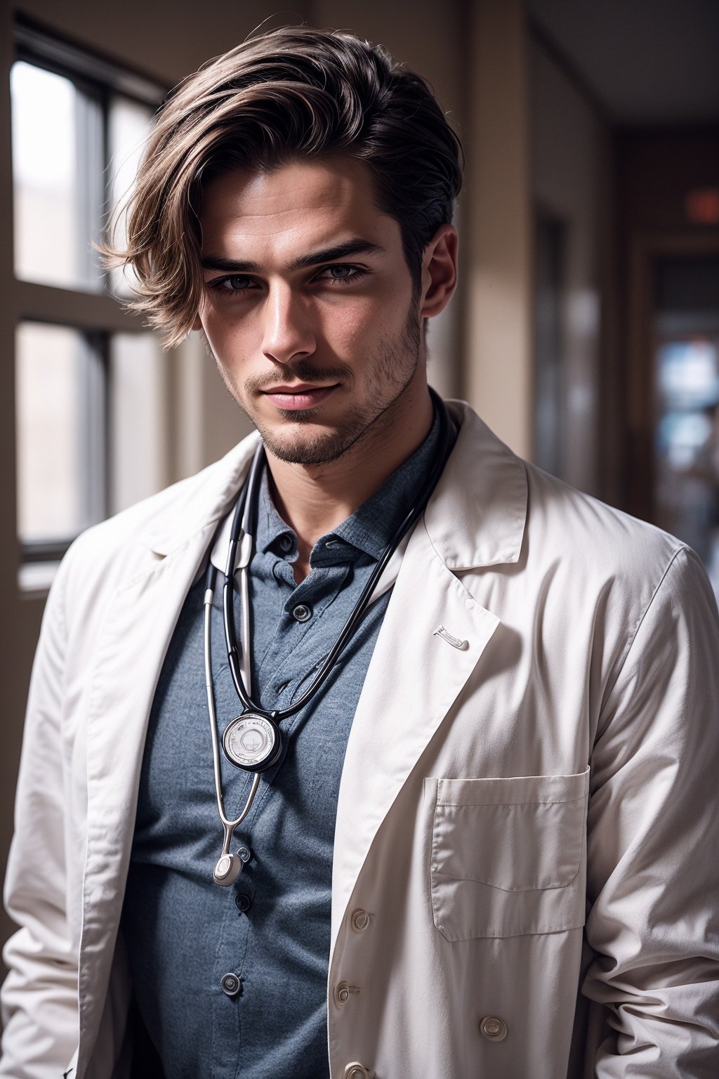  portrait of a handsome doctor with friendly eyes, dressed in a crisp white coat. Soft, natural lighting highlights his chiseled features and emphasizes his caring demeanor. The background showcases a bustling hospital ward, creating a sense of purpose and dedication. Intricate details in the stethoscope and medical equipment add authenticity to the scene.