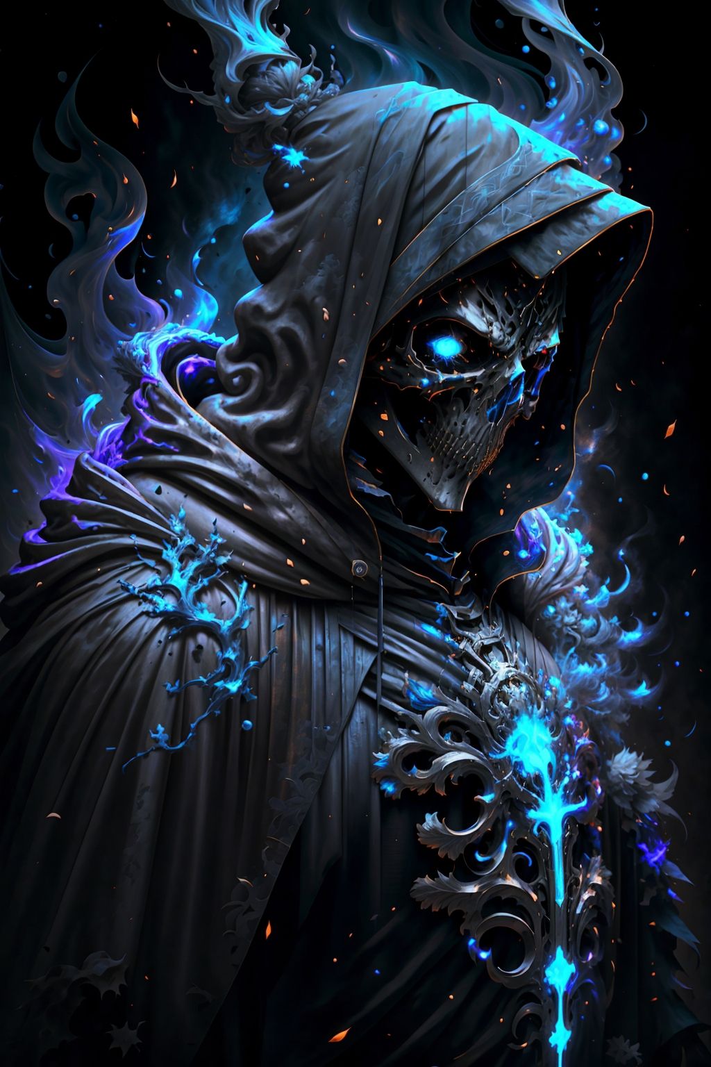 solo, blue eyes, 1boy, upper body, male focus, skull, hood, mask, glowing, fire, black background, gauntlets, cloak, 1other, hood up <lora:skulls00d-000012:1>