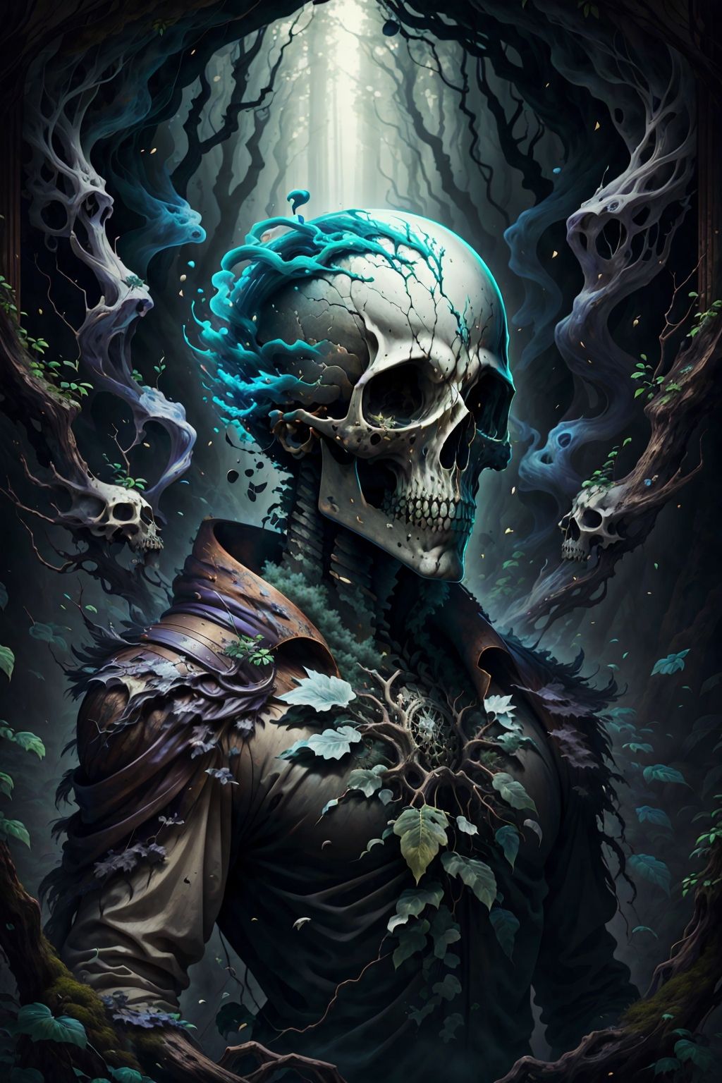 skull, art by David B. Mattingly, over the shoulder shot of a Male Ghost hunter, from inside of a Forest,  <lora:skulls00d-000012:1>