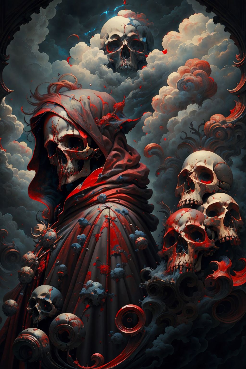 solo, 1boy, standing, male focus, red hair, cloud, hood, from behind, cloak, skull, robe, painting  <lora:skulls00d-000012:1>