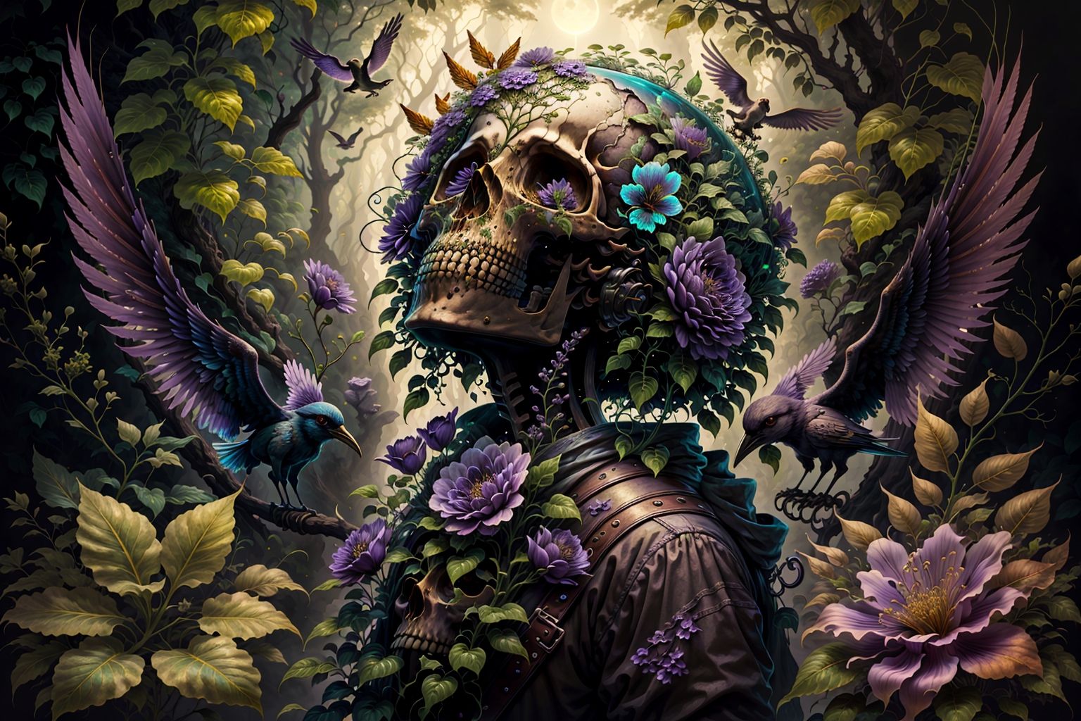solo, 1girl, looking up, flower, bird, plant, skull, purple flower, surreal  <lora:skulls00d-000012:1>