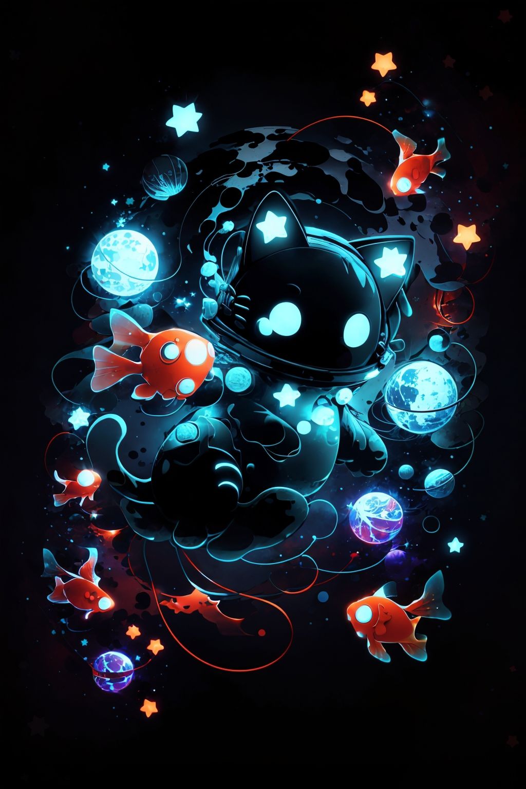 cute00d, star (symbol), glowing, cat, black background, star (sky), floating, fish, space, yarn, space helmet, yarn ball, swimming orange fish, <lora:cute00d-000020:1>