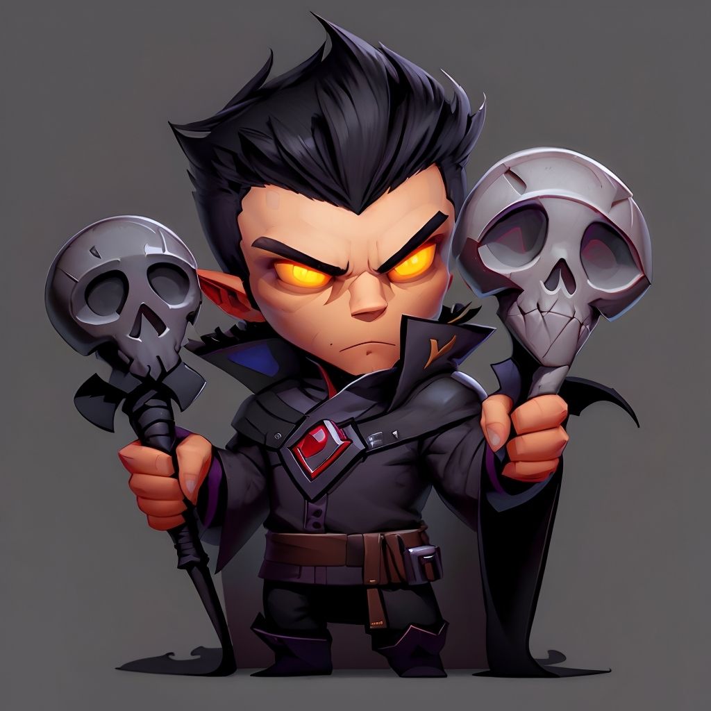 fun00d, cartoon illustration of a male vampire holding a skull and a staff, solo, simple background, black hair, 1boy, yellow eyes, male focus, pointy ears, grey background, chibi, hand on hip, facial hair, frown, staff, beard, colored sclera, robe, bald, Refined <lora:fun00d-000012:1>