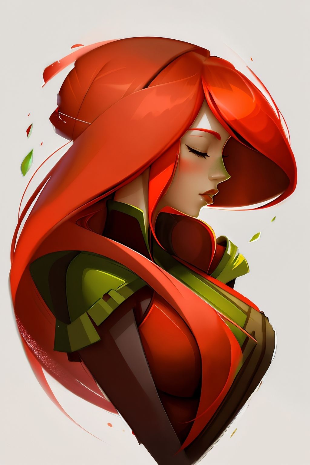 gear00d, a woman with a red hair, closed eyes, upper body, from side, profile, colored skin, green background, green skin, Extensive, <lora:gear00d-000010:1>