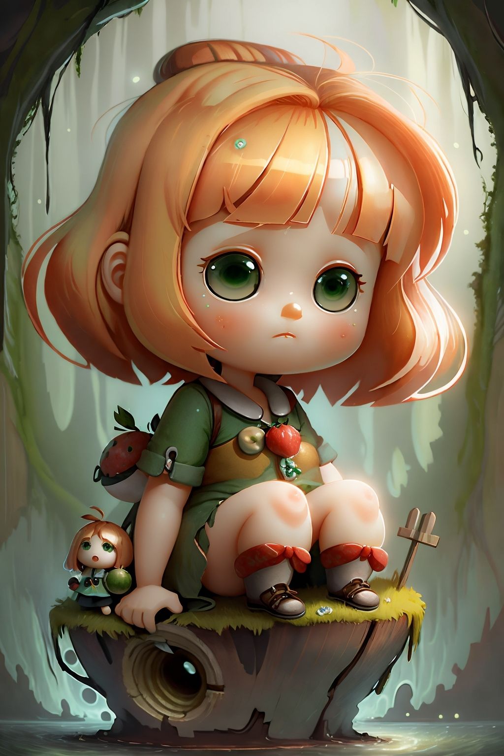 gear00d, still life, girl, chibi, optical illusion, portal fantasy, green, strawberry blonde, short hair,simple, Exquisite , a group stranded on a haunted island<lora:gear00d-000010:1>