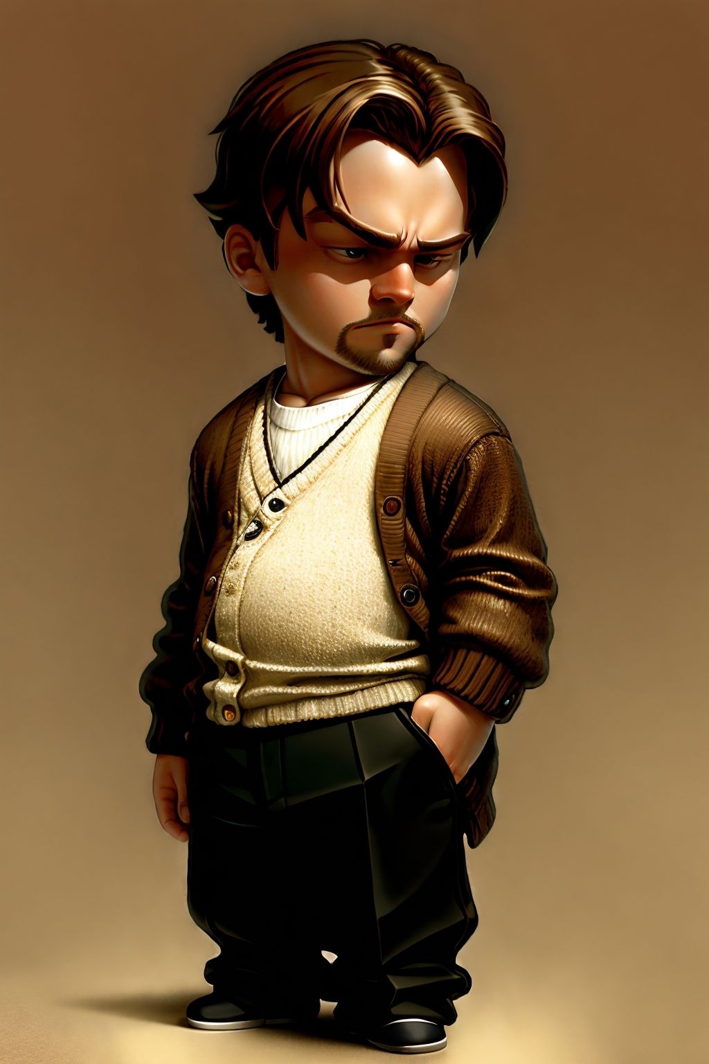 gear00d, Leonardo DiCaprio, chibi, cardigan, Fine, <lora:gear00d-000010:1>