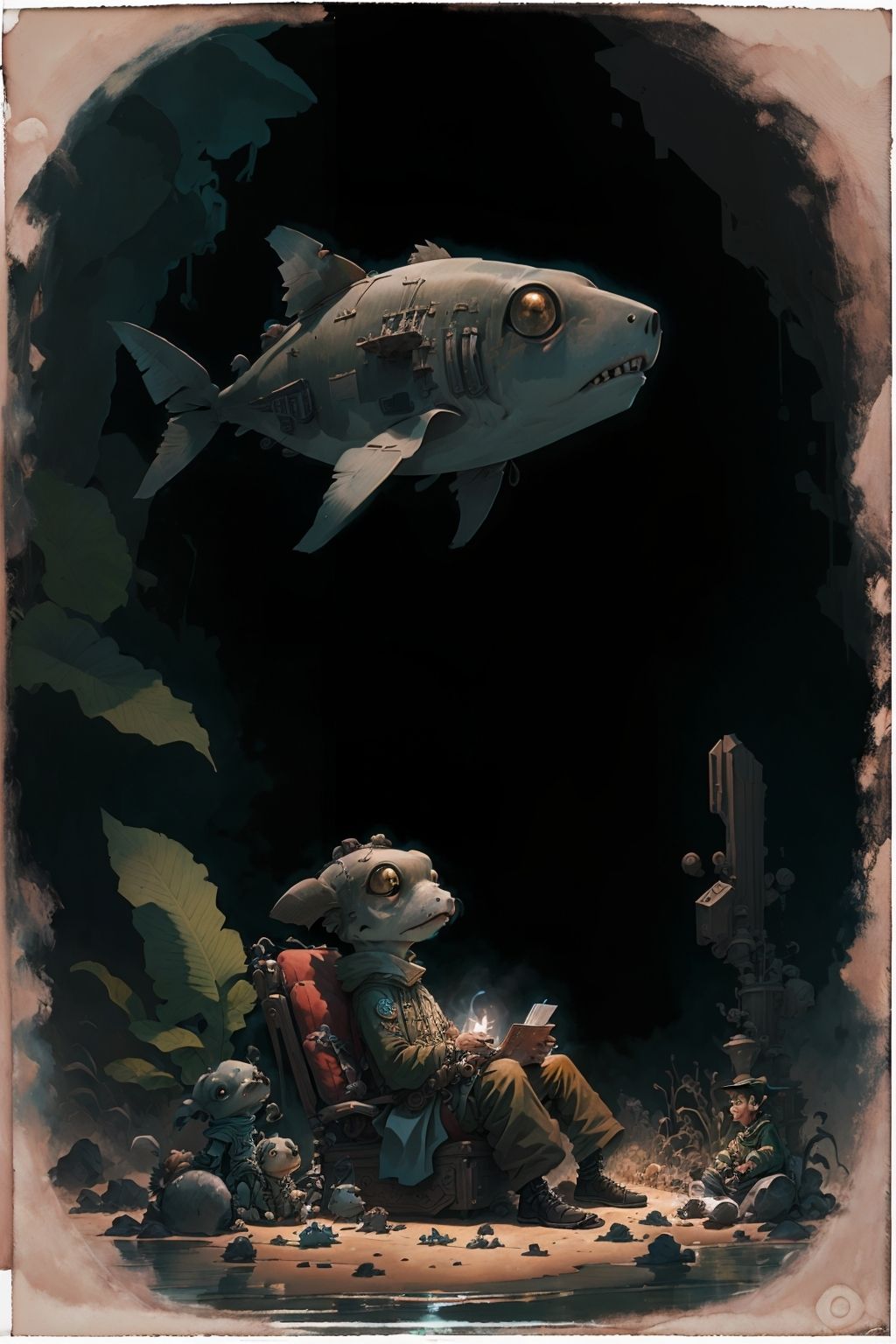 cart00d, (art by Chesley Bonestell:0.9),art by Hans Christian Andersen, side view shot of a Dire Unique Dogfish, Sitting with crossed legs, Cosy, Instax, <lora:cart00d-000018:1>