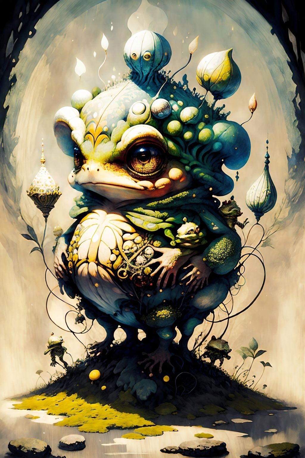 creature00d, Toad, Illustration, Abstract Illusionism, <lora:creature00d-000010:1>