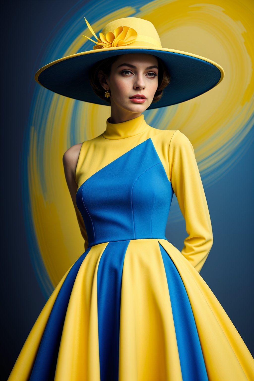 (Best quality, 8k, 32k, Masterpiece, UHD:1.2),   a woman in a yellow and blue dress and hat, fine art fashion photography, saturated colours,  fine art fashion magazine style, , primary colours, sci-fi fashion model, DreamOn,<lora:659111690174031528:1.0>