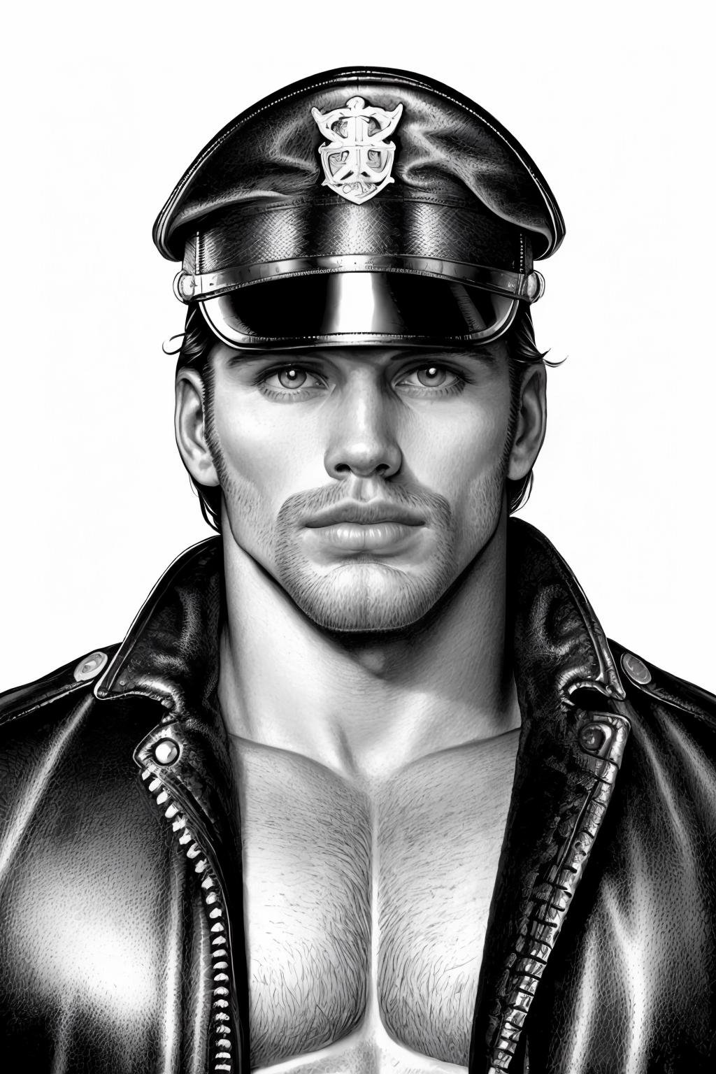 handsome man in front of clean plain white background, (homoairotic illustration, tom of finland, graphite:1.1), hyperrealistic, (leather jacket:0.7), leather cap, (monochrome:1), shirtless <lora:homoairotic-ill:1>