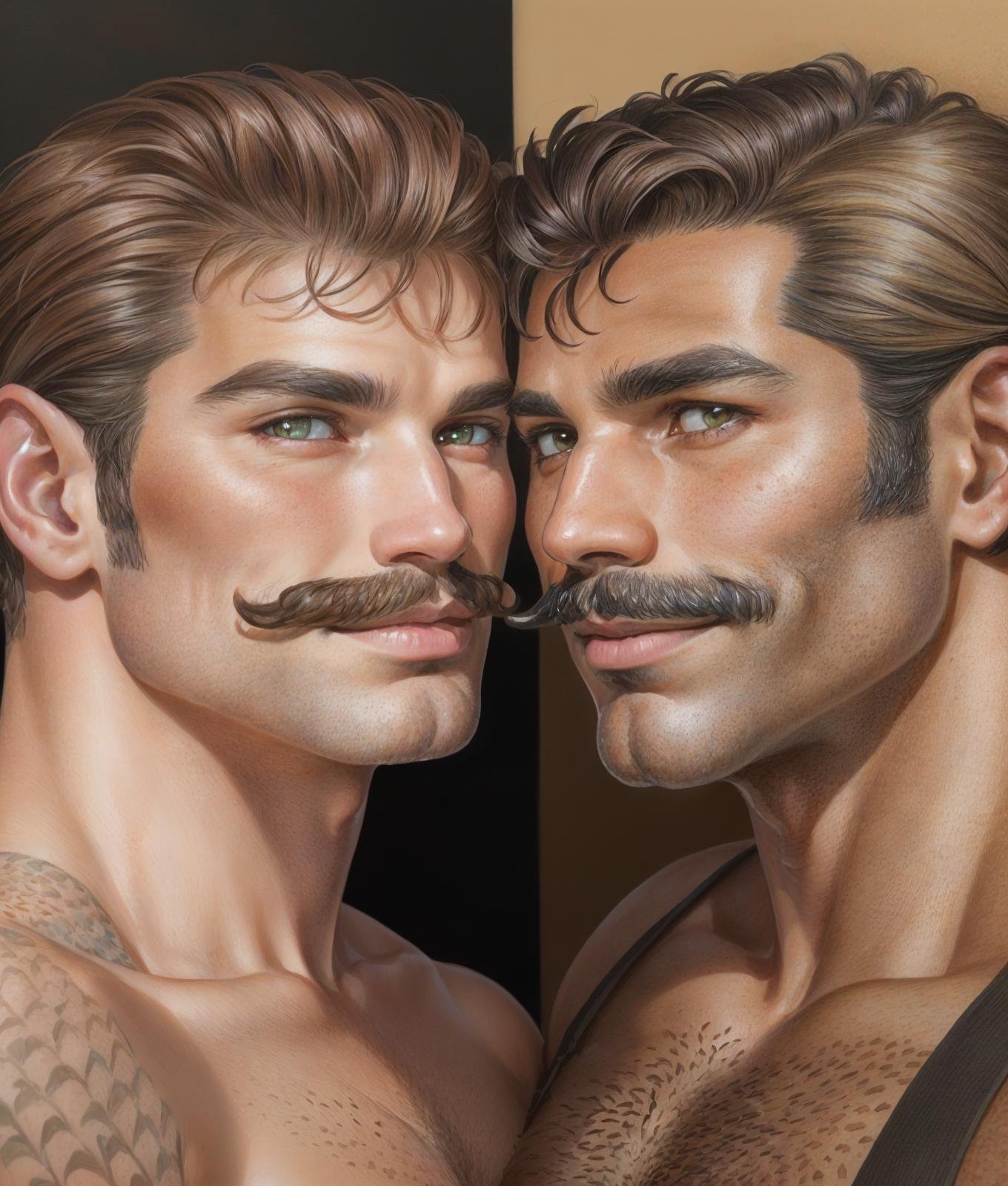 homoairotic illustration, a drawing of two men facing each other, dark brown hair and tan skin, photorealism, (medium: colored pencil:1.2), medium detail, (stipple:1.5), mustache, gay, looking at each other, dynamic epic composition <lyco:homoairotic-ill-12:1>