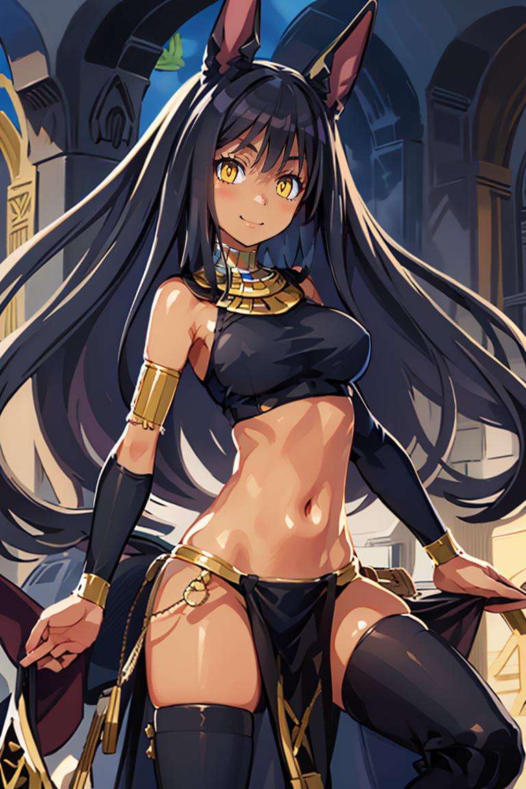 ((masterpiece,best quality)), absurdres, <lora:Anubis_Citron_OC_Anime:1>, Anubis_Citron_OC, dark skin, black hair, yellow eyes, pelvic curtain, crop top, thighhighs,  ,  solo, smiling, looking at viewer, cowboy shot,  cinematic composition, dynamic pose, contrapposto,