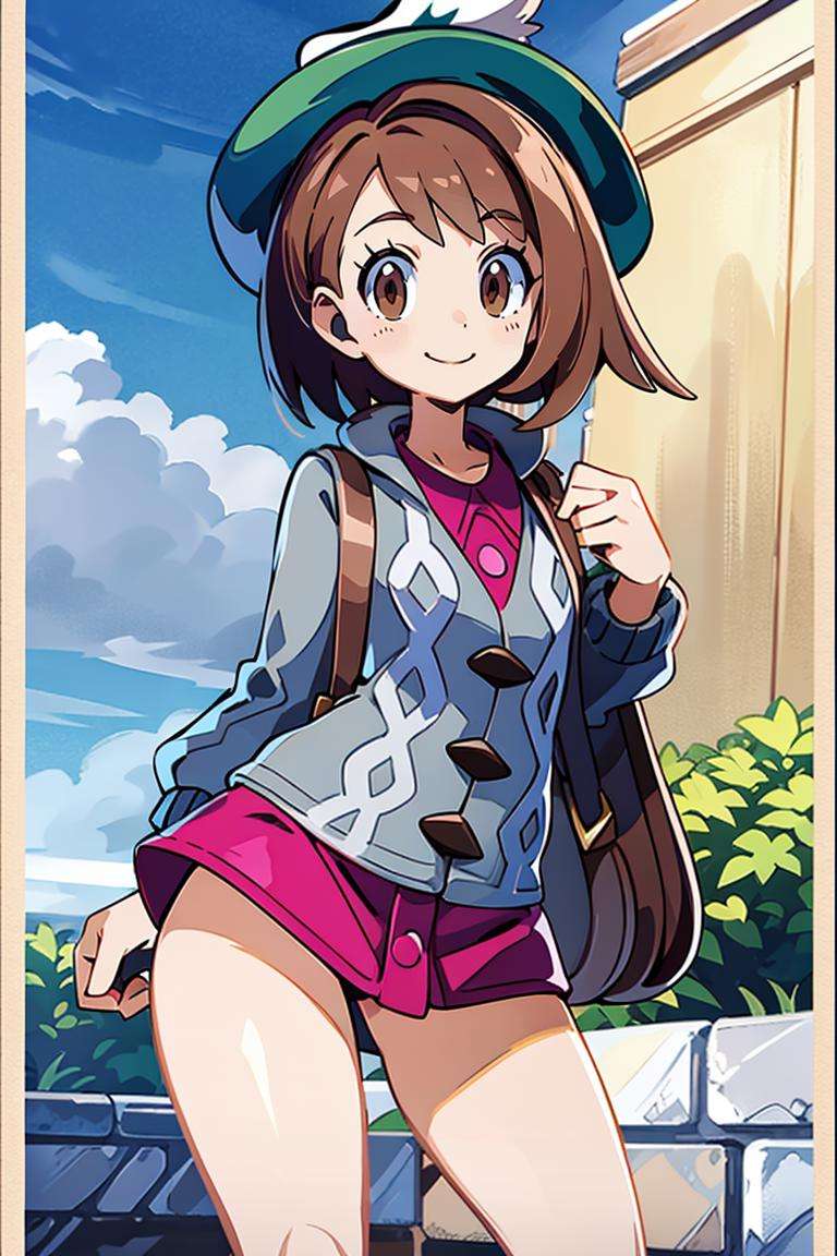 ((masterpiece,best quality)), absurdres,  <lora:gloria_(pokemon)_v1:0.7>,  gloria \(pokemon\), brown hair, solo, backpack, brown eyes, tam o' shanter, grey cardigan, pink dress, short hair, green socks, socks, brown bag, bob cut, bangs, long sleeves, collared dress,  solo, smiling, looking at viewer, cowboy shot,  cinematic composition, contrapposto, 