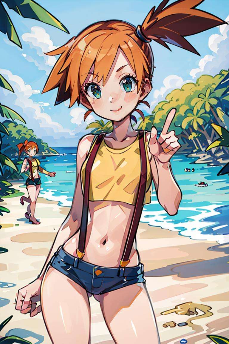 ((masterpiece,best quality)), absurdres,<lora:Misty_Pokemon_v2_Anime:0.8>, Misty_Pokemon, yellow crop top, suspenders, side ponytail, orange hair, solo, smiling, looking at viewer, cowboy shot,cinematic composition, contrapposto, peace sign,tropical beach,
