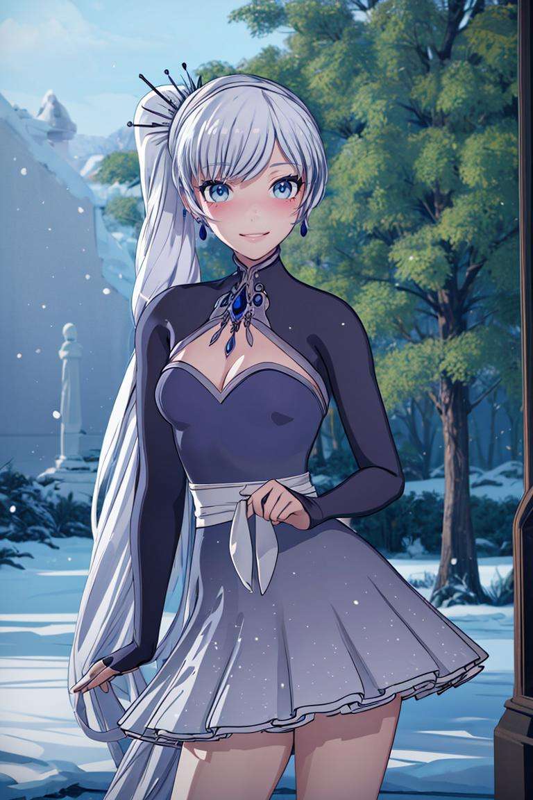 ((masterpiece,best quality)), absurdres,<lora:Weiss_RWBY_AnyLora:0.8>, Weiss_RWBY,  dress, tiara, jewelry, earrings, cleavage cutout, solo, blushing, smiling, looking at viewer, cowboy shot,  contrapposto, cinematic composition, snow covered forest in background,, <lora:beautiful detailed eyes:0.3>, beautiful detailed eyes, <lora:more_details:0.7>