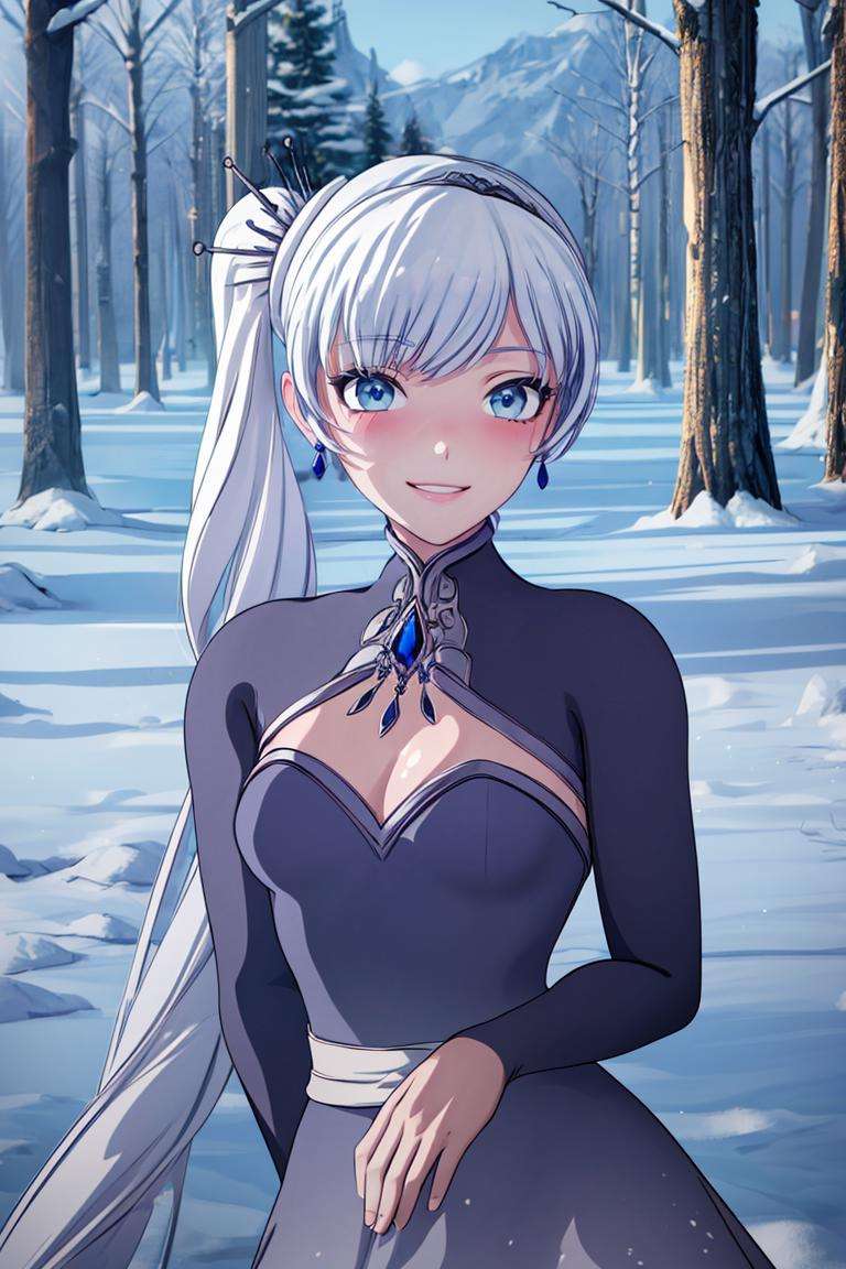 ((masterpiece,best quality)), absurdres,<lora:Weiss_RWBY_AnyLora:0.8>, Weiss_RWBY,  dress, tiara, jewelry, earrings, cleavage cutout, solo, blushing, smiling, looking at viewer, upper body portrait, , contrapposto, cinematic composition, snow covered forest in background,, <lora:beautiful detailed eyes:0.3>, beautiful detailed eyes, <lora:more_details:0.7>