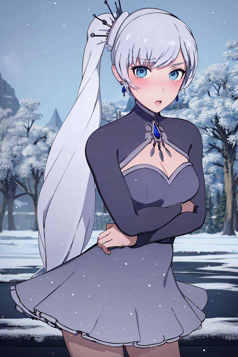 ((masterpiece,best quality)), absurdres,<lora:Weiss_RWBY_AnyLora:0.8>, Weiss_RWBY,  dress, tiara, jewelry, earrings, cleavage cutout, solo, blushing, :o, looking at viewer, upper body portrait, contrapposto, cinematic composition, snow covered forest in background, 