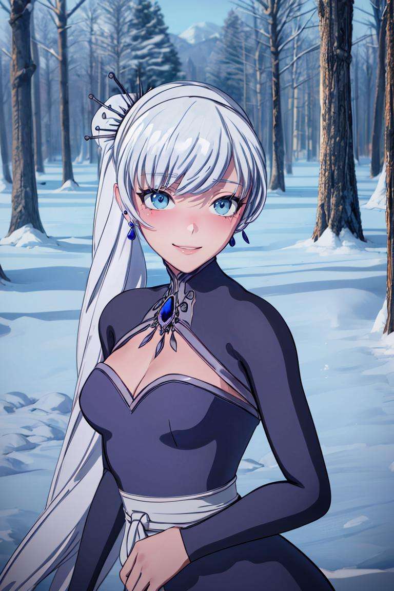 ((masterpiece,best quality)), absurdres,<lora:Weiss_RWBY_AnyLora:0.8>, Weiss_RWBY,  dress, tiara, jewelry, earrings, cleavage cutout, solo, blushing, smiling, looking at viewer, upper body portrait, side view, contrapposto, cinematic composition, snow covered forest in background,, <lora:beautiful detailed eyes:0.3>, beautiful detailed eyes, <lora:more_details:0.7>