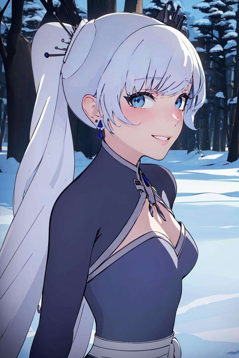 ((masterpiece,best quality)), absurdres,<lora:Weiss_RWBY_AnyLora:0.8>, Weiss_RWBY,  dress, tiara, jewelry, earrings, cleavage cutout, solo, blushing, smiling, looking at viewer, upper body portrait, side view, contrapposto, cinematic composition, snow covered forest in background,, <lora:beautiful detailed eyes:0.3>, beautiful detailed eyes,