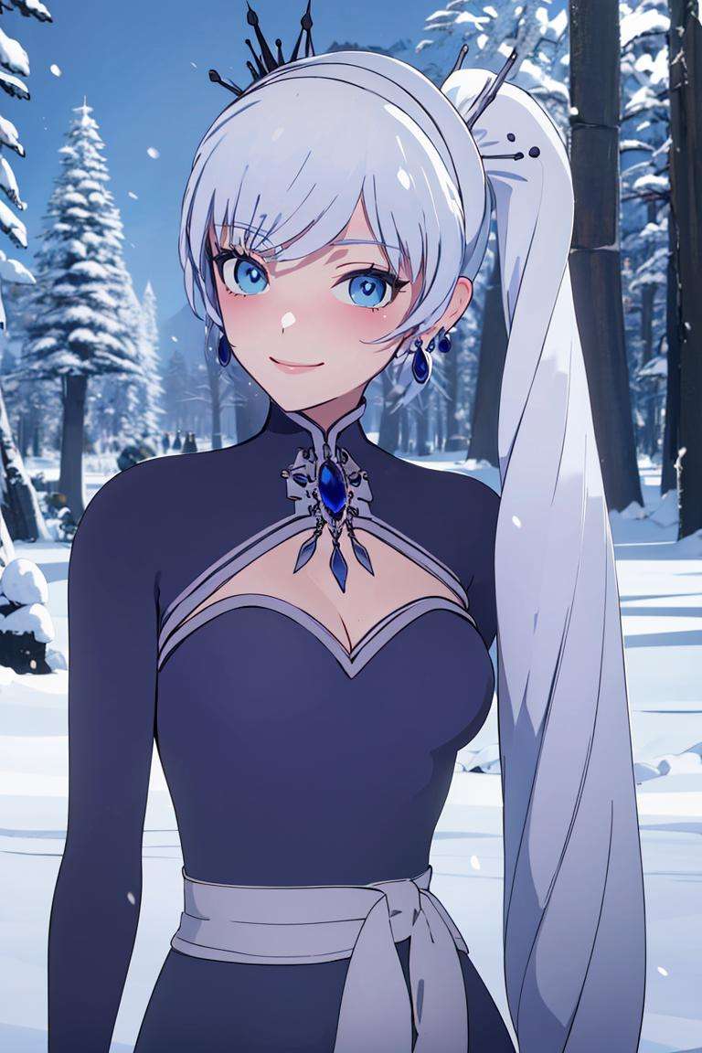 ((masterpiece,best quality)), absurdres,<lora:Weiss_RWBY_AnyLora:0.8>, Weiss_RWBY,  dress, tiara, jewelry, earrings, cleavage cutout, solo, blushing, smiling, looking at viewer, upper body portrait, contrapposto, cinematic composition, snow covered forest in background,, <lora:beautiful detailed eyes:0.3>, beautiful detailed eyes,