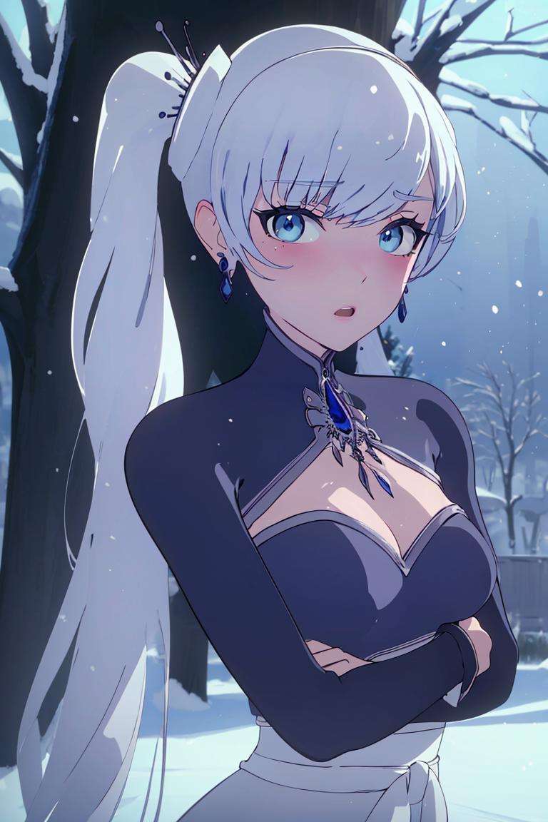 ((masterpiece,best quality)), absurdres,<lora:Weiss_RWBY_AnyLora:0.8>, Weiss_RWBY,  dress, tiara, jewelry, earrings, cleavage cutout, solo, blushing, :o, looking at viewer, upper body portrait, contrapposto, cinematic composition, snow covered forest in background,, <lora:beautiful detailed eyes:0.7>, beautiful detailed eyes,